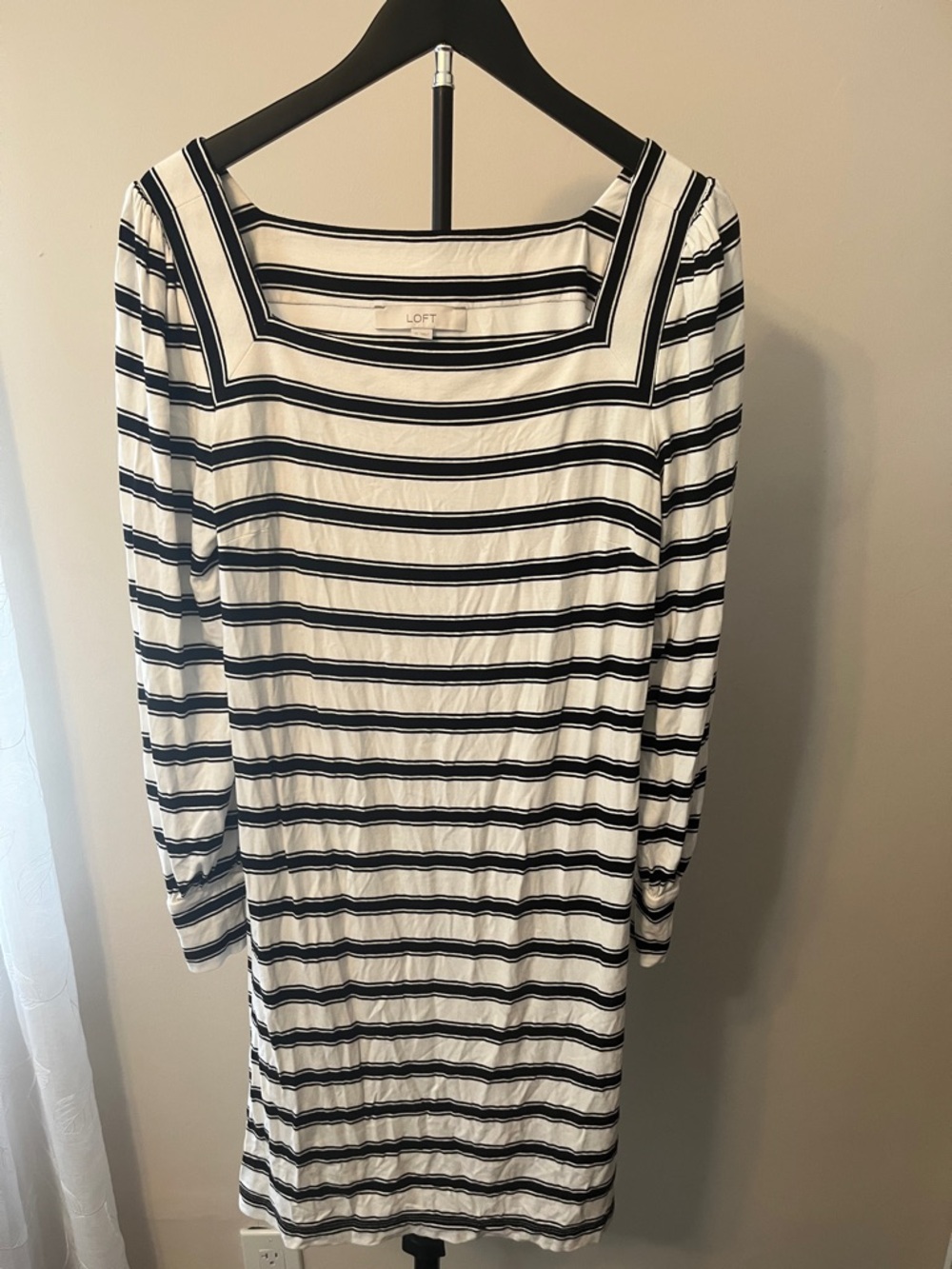 LOFT White and Black Striped Square-Neck Long Sleeve Dress